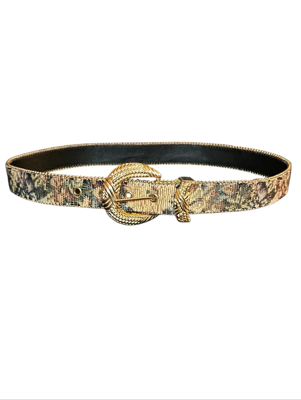 Vintage Women's Floral Tapestry Statement Belt With Gold Buckle Size S